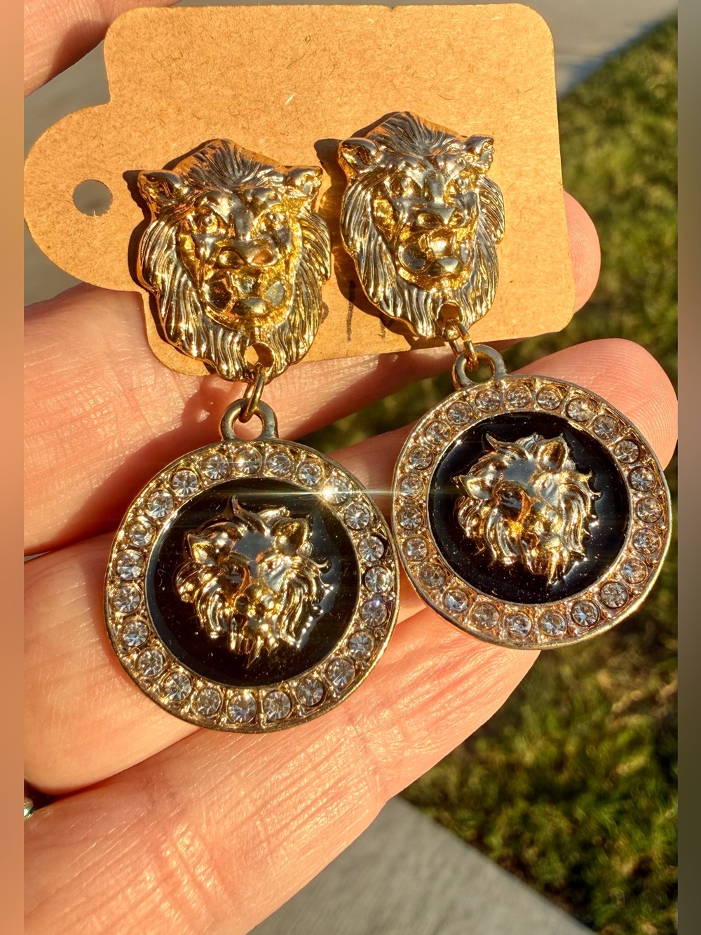 Lion Head Drop Earrings with Black Enamel and Crystals